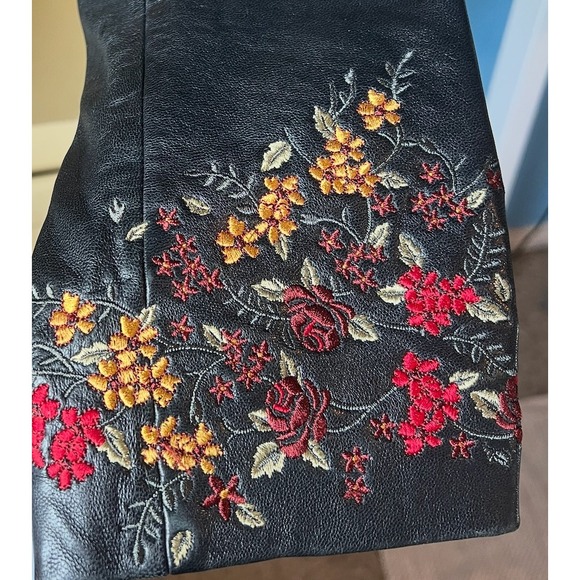 Y2K Vtg Womens Large Black Real Leather Jacket Embroidered Floral Biker Boho - Picture 3 of 10